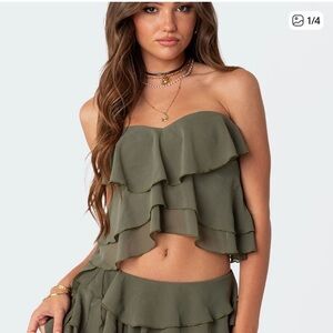 Edikted Khaki Ruffle Layered Crop Top